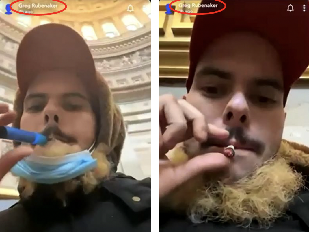 Screenshots of a video Greg Rubenacker posted from inside the Capitol building on January 6.