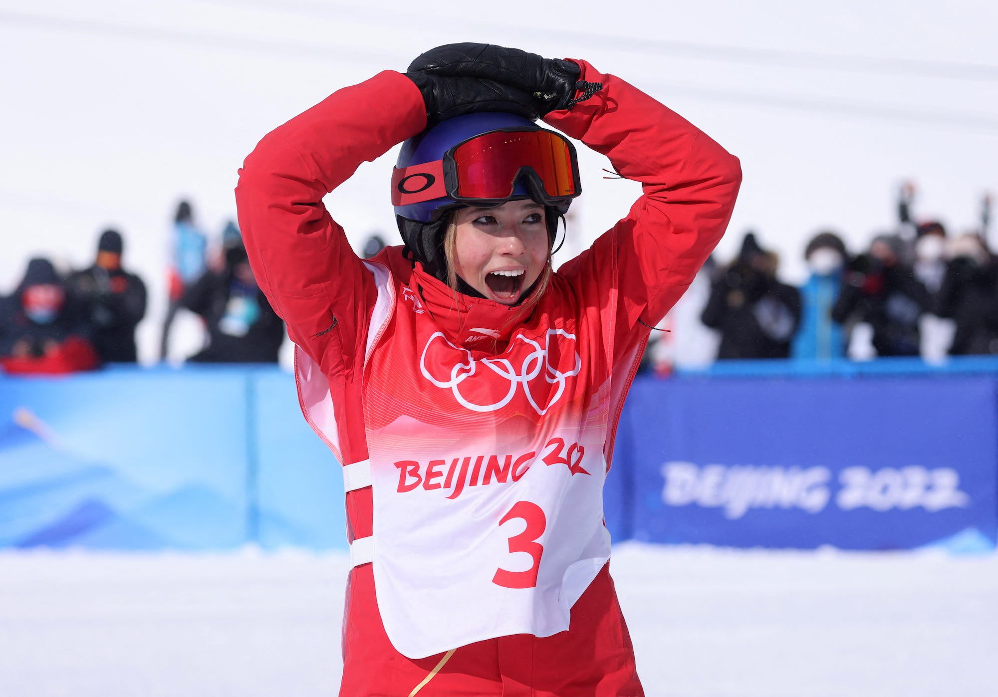 Silver medalist Gu Ailing Eileen of China celebrates during the flower ceremony