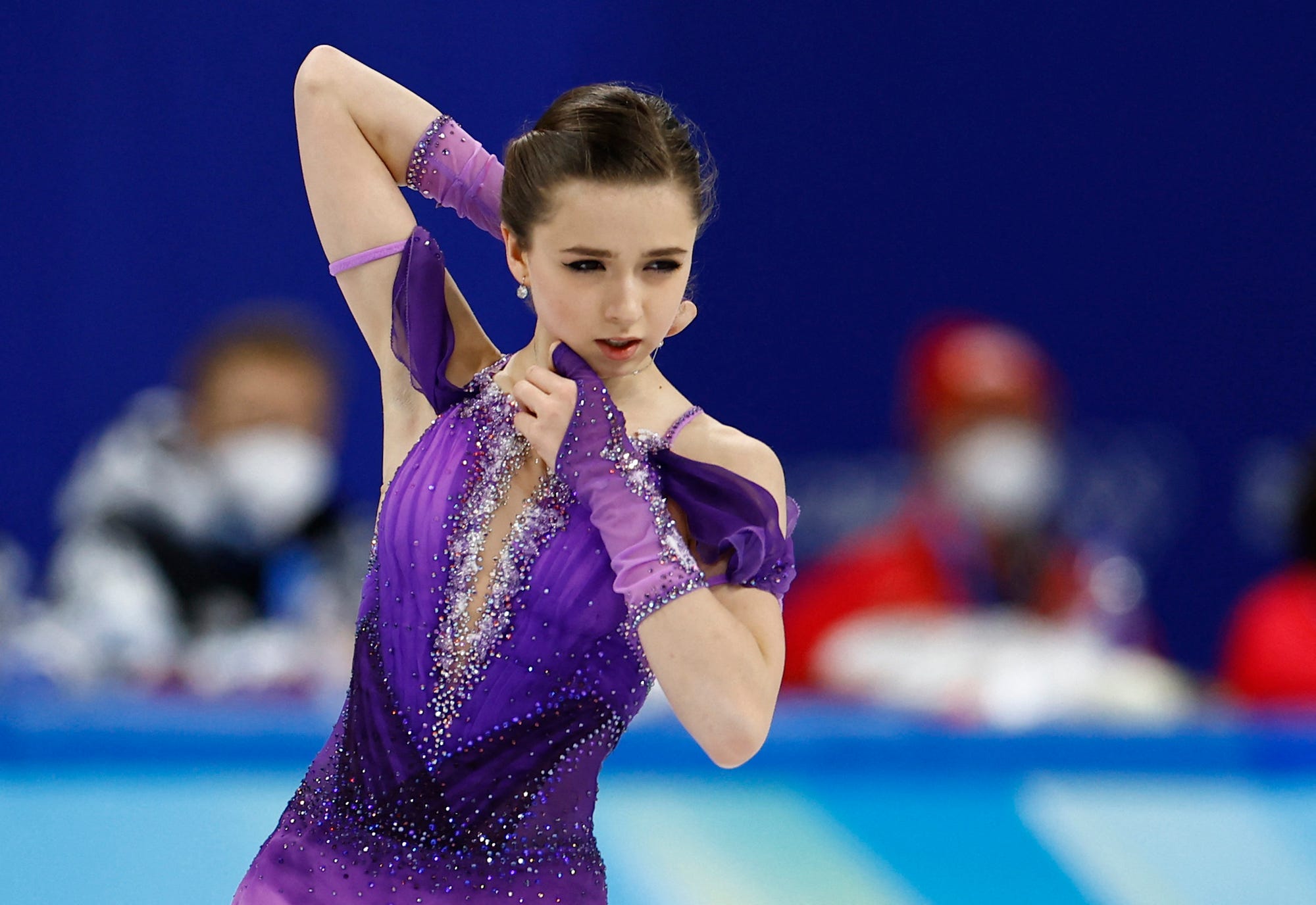 Kamila Valieva of the Russian Olympic Committee warms up before the event.