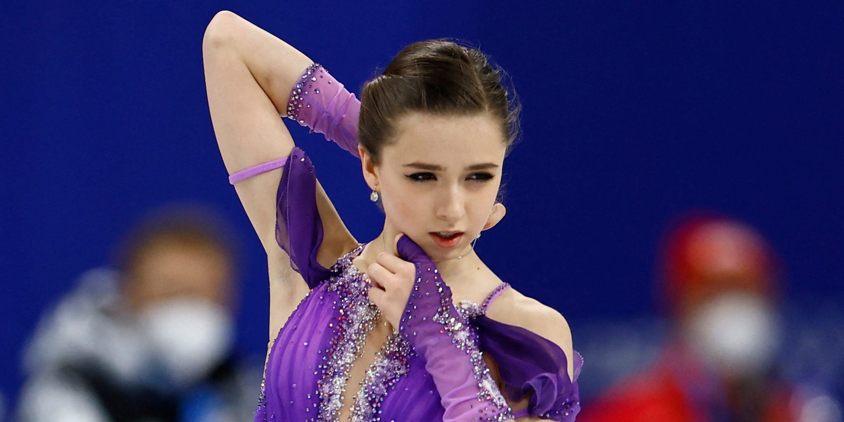 Kamila Valieva of the Russian Olympic Committee warms up before the event.
