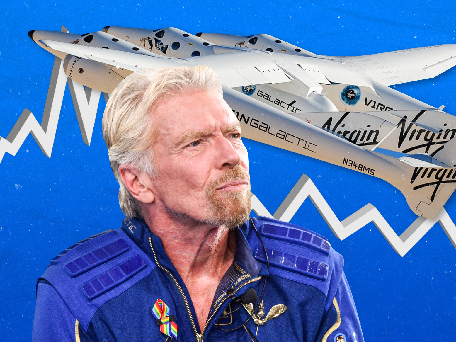 Photo of Sir Richard Branson in front of Virgin Galactic SpaceshipTwo 2x1