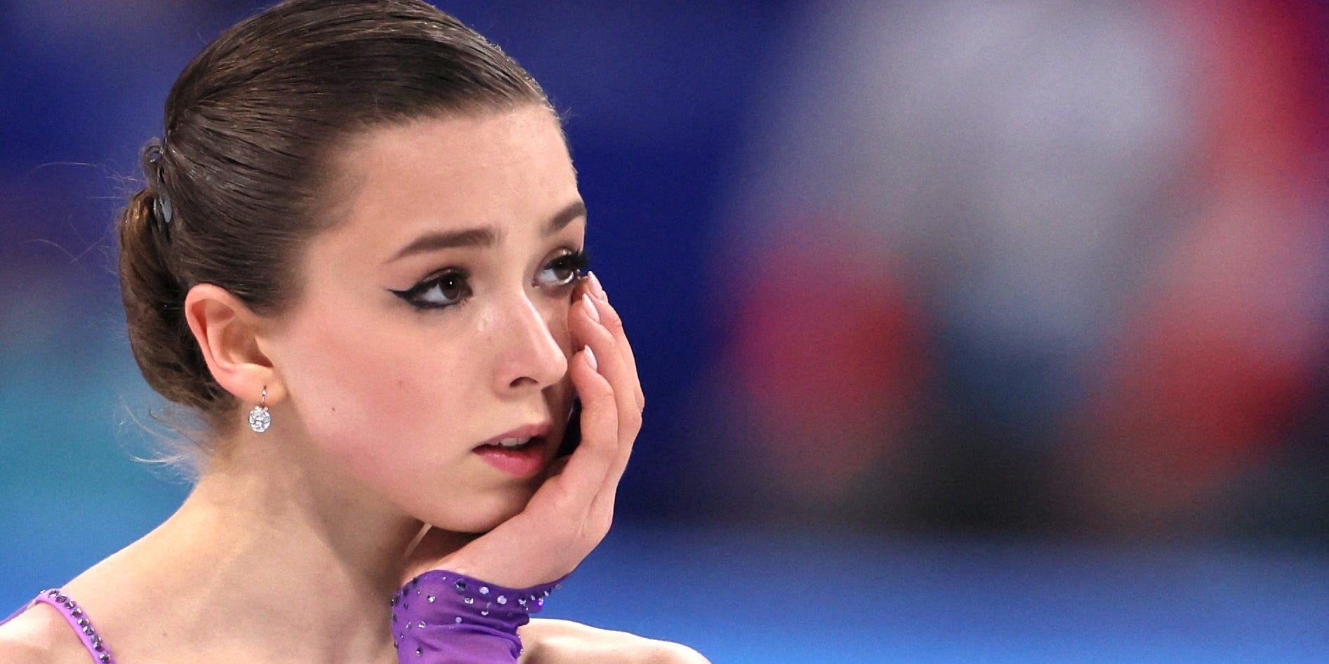 Kamila Valieva of the Russian Olympic Committee reacts after competing on February 15.