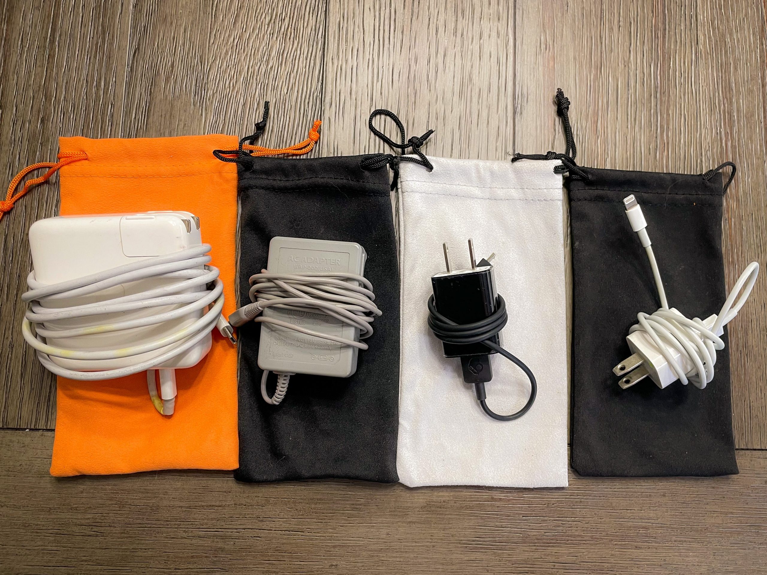 Chargers with baggies on a table