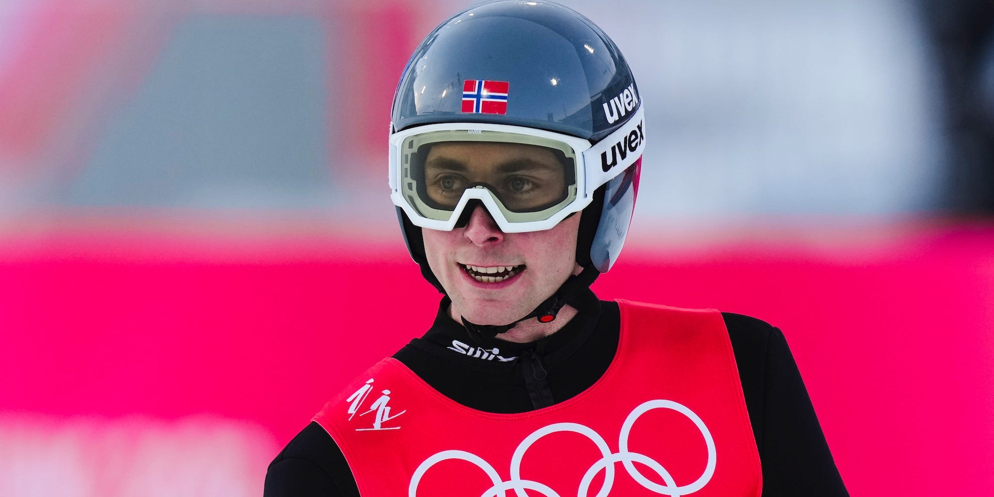 Jarl Magnuys Riiber looks on during the large hill/10km combined at the Beijing Olympics.