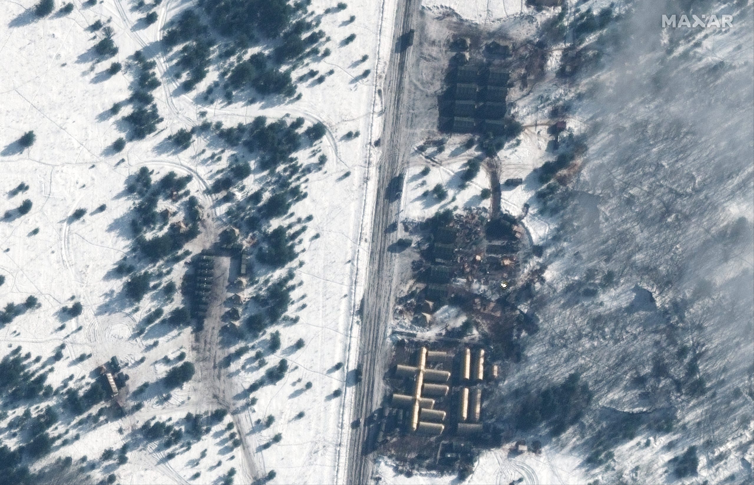 Satellite image of Russian field hospital in Belarus, several miles from the Ukrainian border.
