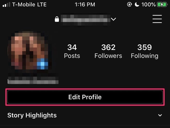 Screenshot of Instagram profile with the Edit Profile button highlighted.