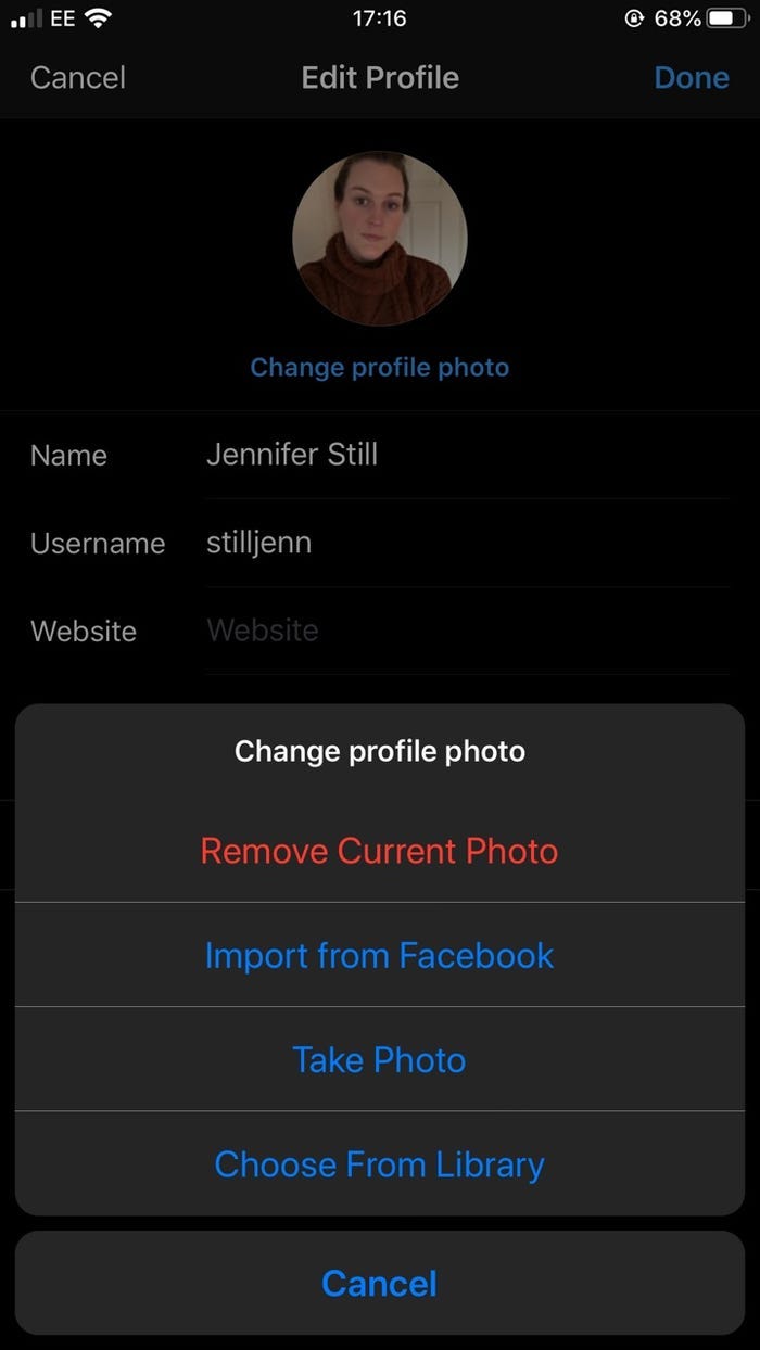 Screenshot of the change profile picture menu with the options visible.