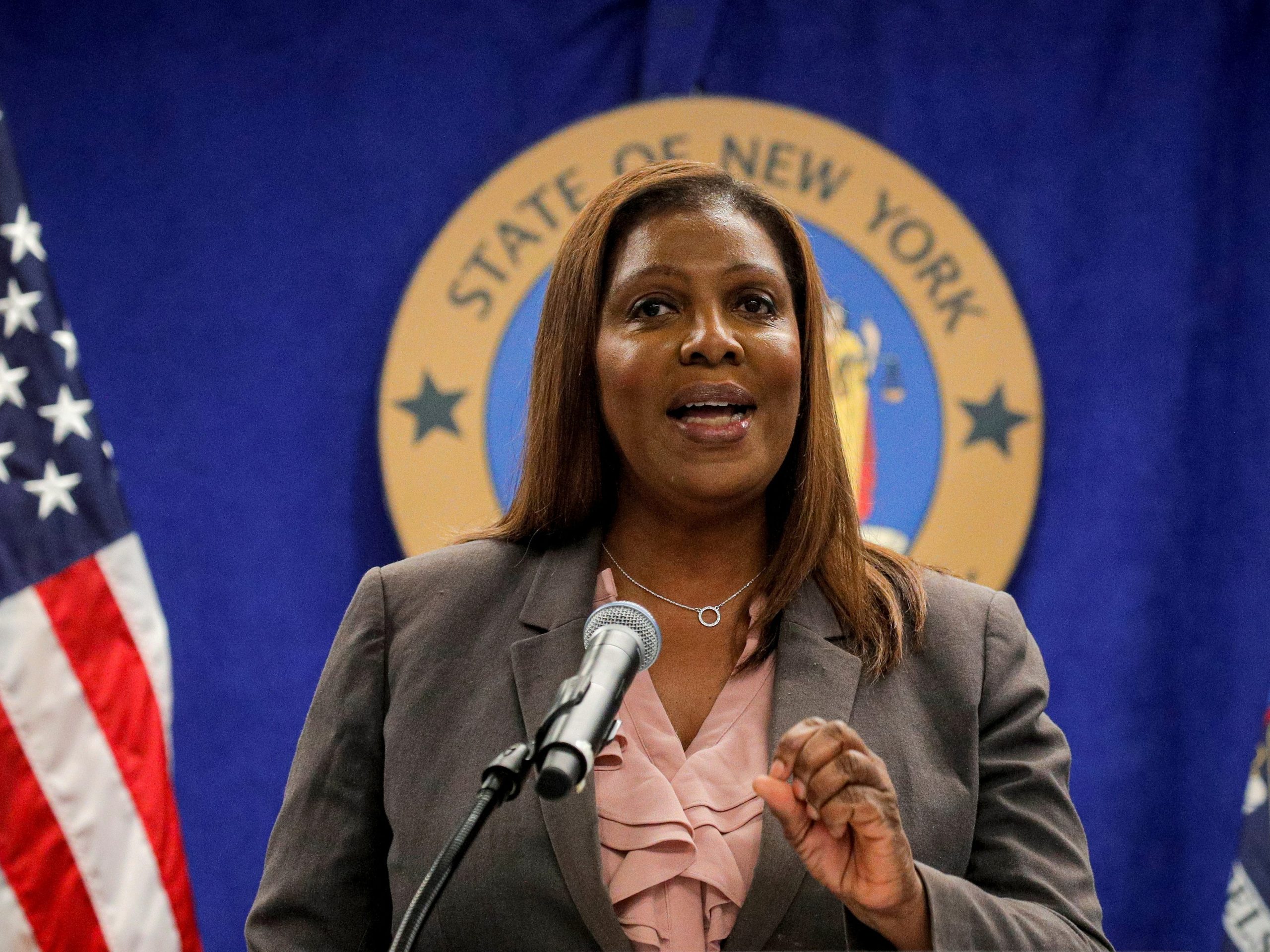 New York State Attorney General, Letitia James, speaks during a news conference, to announce criminal justice reform in New York City, U.S., May 21, 2021.