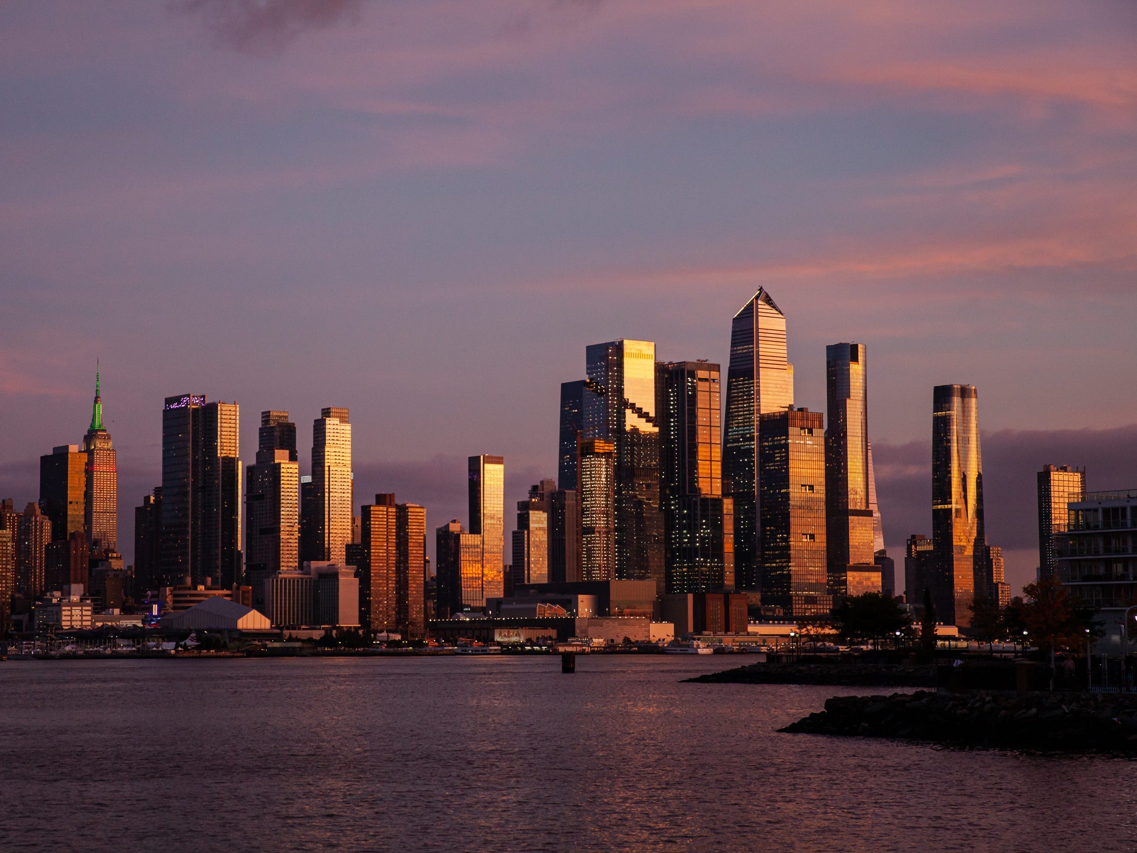 The New York City skyline at sunset