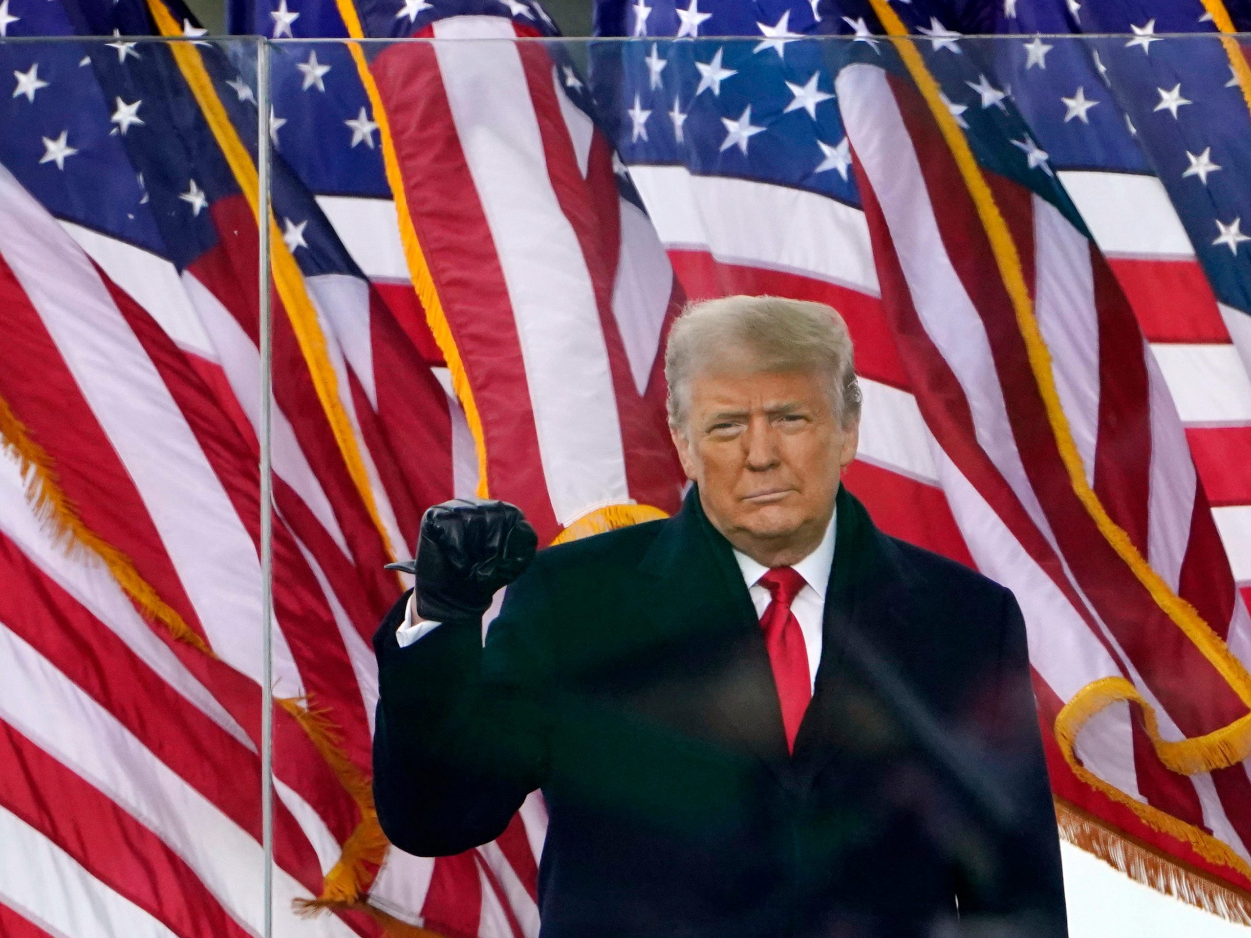 Donald Trump speaking in front of American flags