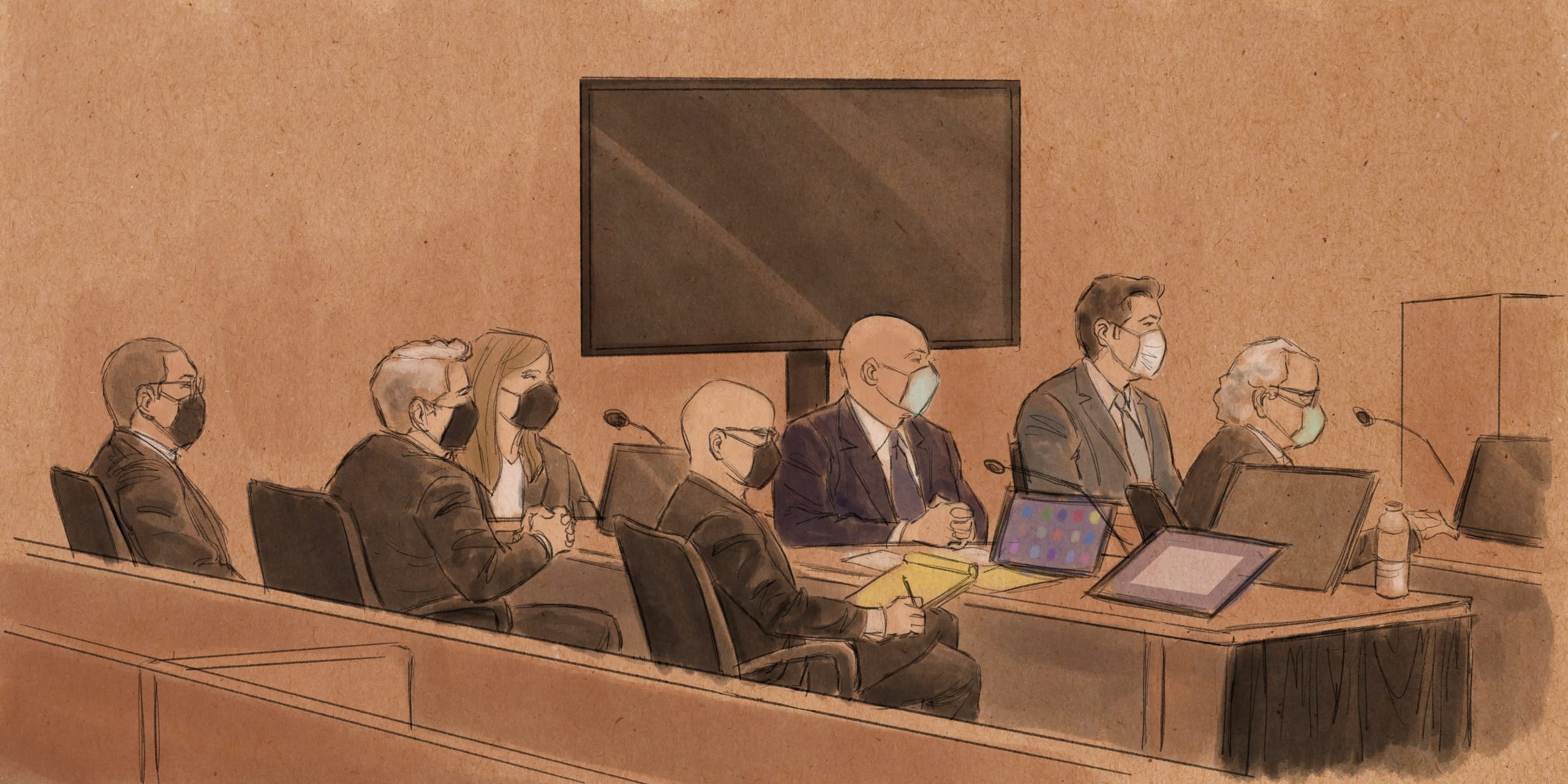 Three former Minneapolis officers, Tou Thao, J. Alexander Kueng and Thomas Lane, sit with their lawyers during their trial as they are charged with violating George Floyd's civil rights during his 2020 arrest, in St. Paul, Minnesota, U.S., January 24, 2022 in this courtroom sketch.