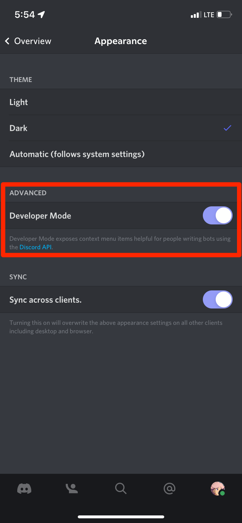 The Appearance menu in the Discord iPhone app, with the option to enable developer mode highlighted.