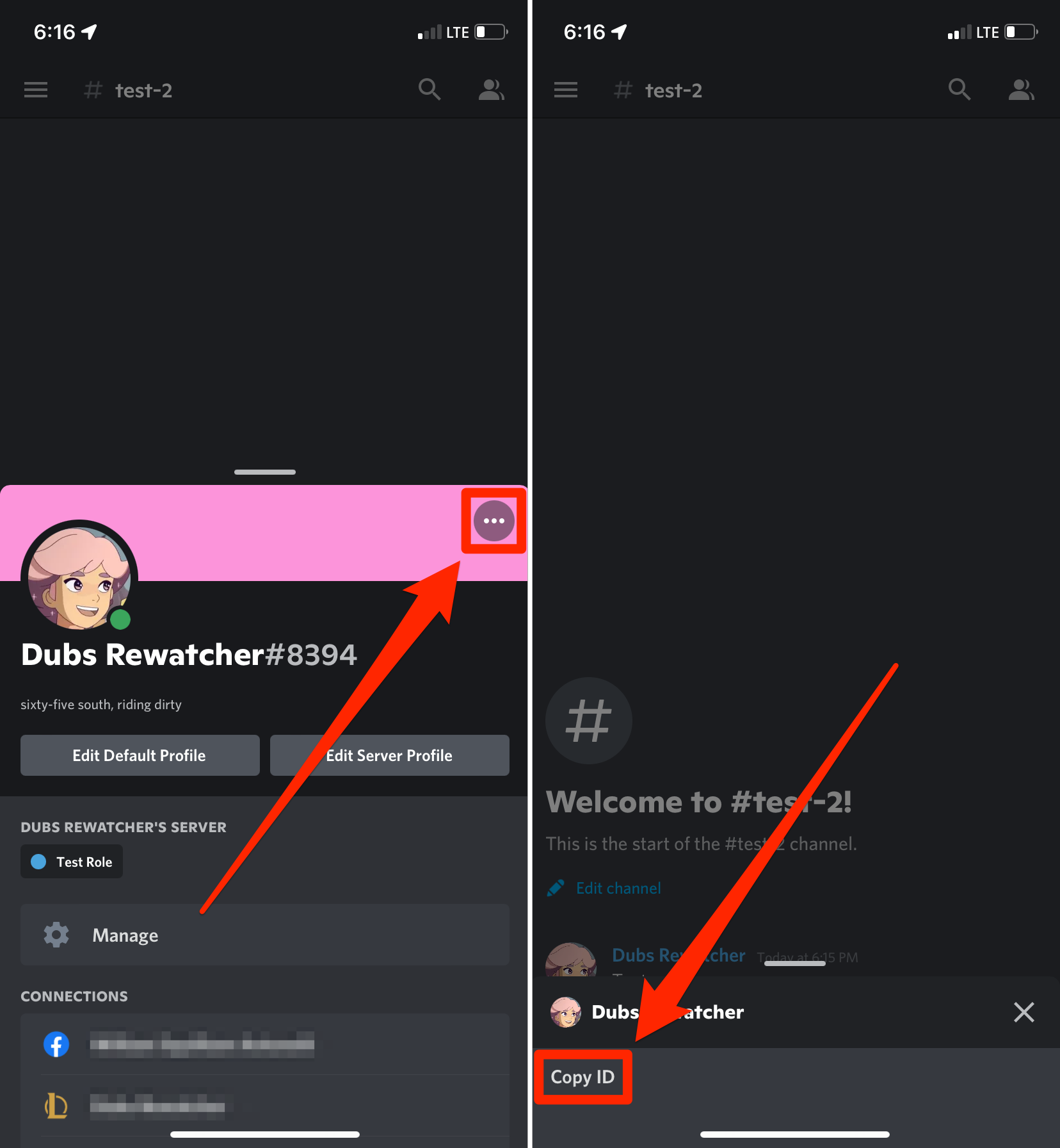 The process to copy a Discord user's ID in the Discord mobile app.