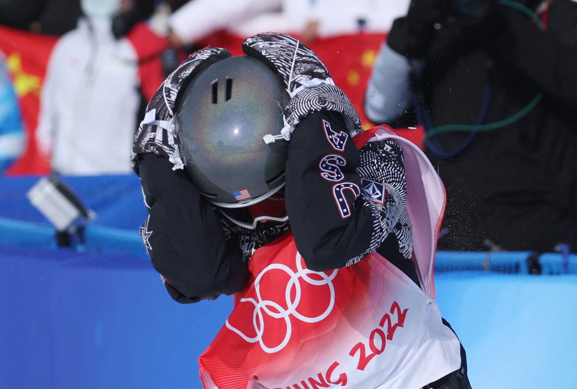 Redmond Gerard reacts after his run in the men's snowboard slopestyle final