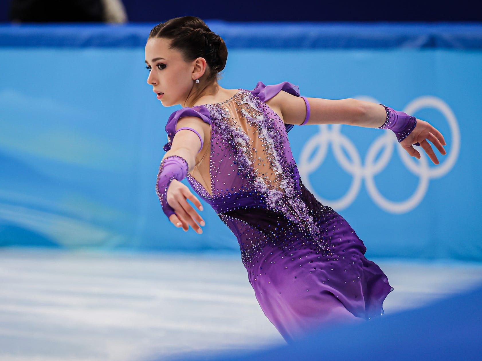 Kamila Valieva of Team Russian Olympic Committee compete in the Women Single Skating Short Program during the Figure Skating Team Event at Capital Indoor Stadium on February 06, 2022 in Beijing, China. (Photo by