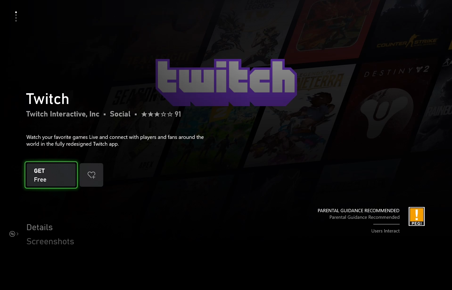 The Twitch app in the Xbox Store on Xbox One, with the “Get” button highlighted