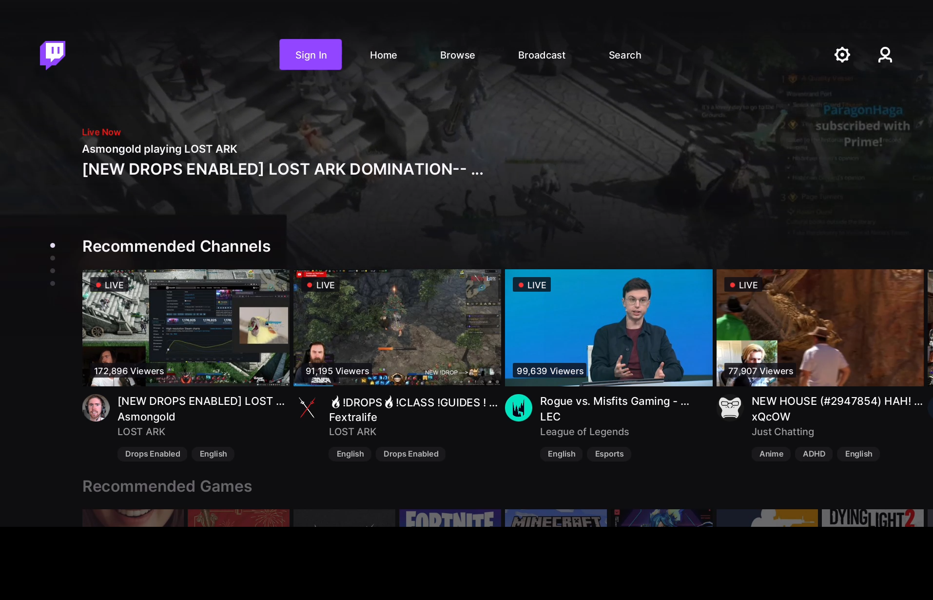 The Twitch app home page on Xbox One, with the “Sign in” option highlighted.