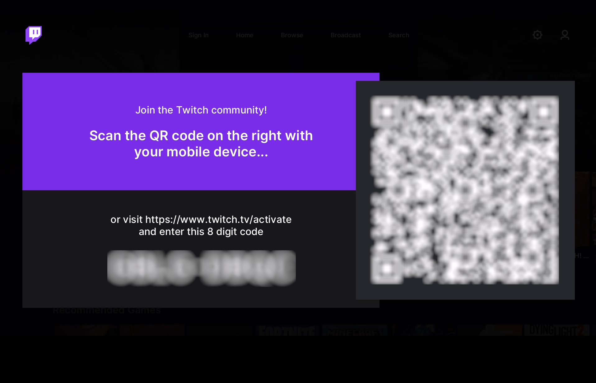 The Twitch app on Xbox One, showing the sign-in options with the address to activate your Xbox and 8-digit code highlighted.