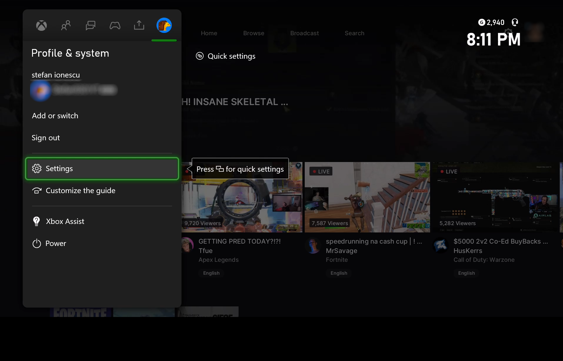 Xbox One Dashboard, with “Profile & system” tab and “Settings” option highlighted.