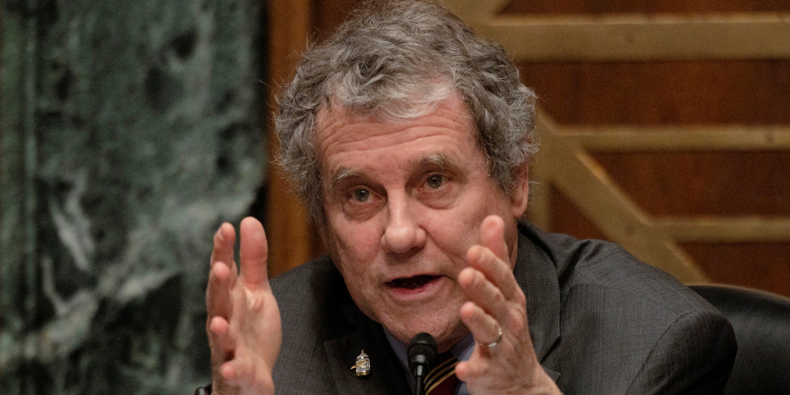 Committee Chair Senator Sherrod Brown (D-OH) queries the witness during the Senate Banking, Housing and Urban Affairs Hearing to examine the President's Working Group on Financial Markets report on Stablecoins in Washington, D.C, U.S., February 15, 2022.