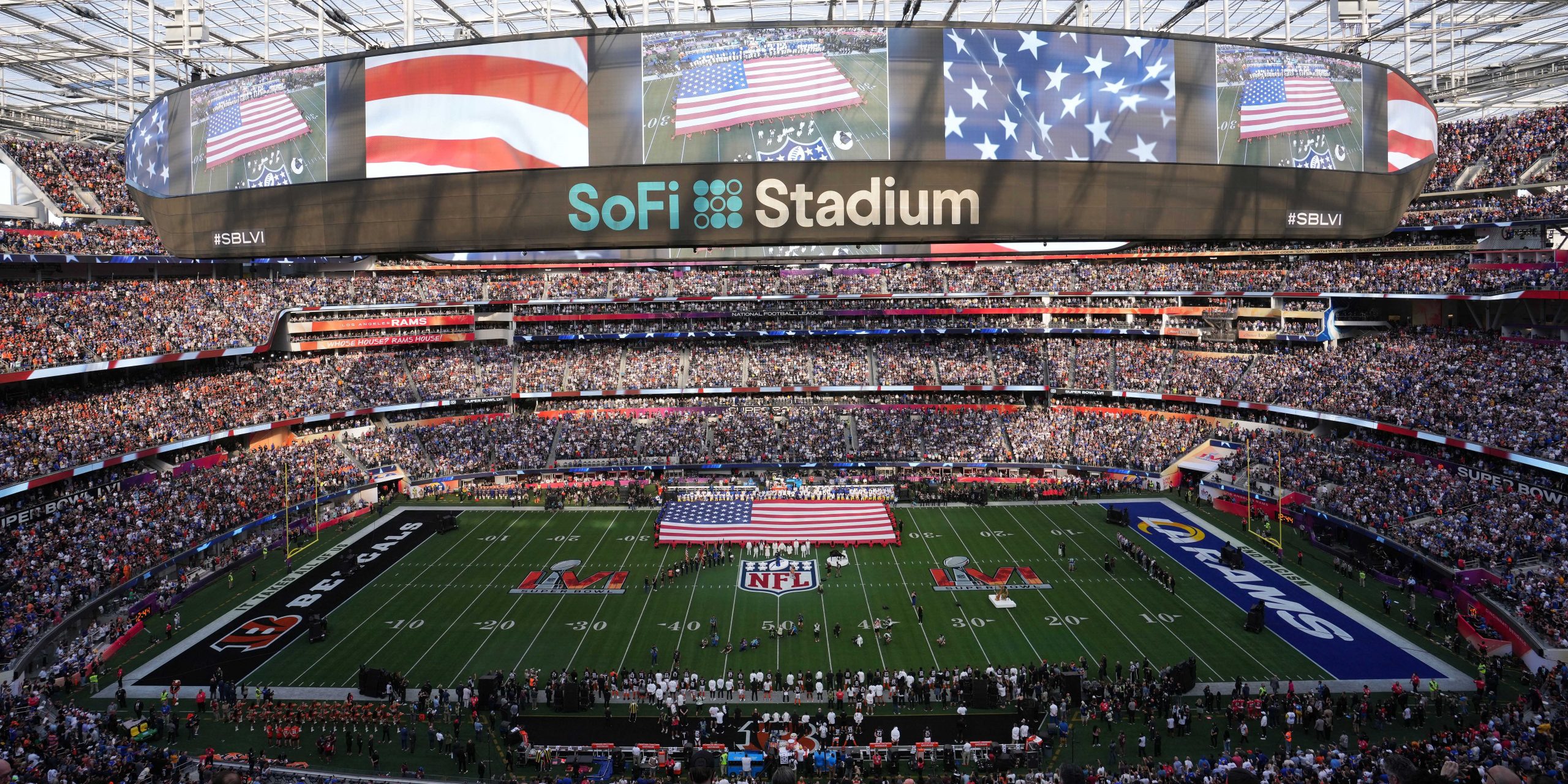 General view as Mickey Guyton sings the national anthem before the game between the Cincinnati Bengals and the Los Angeles Rams in Super Bowl LVI at SoFi Stadium.