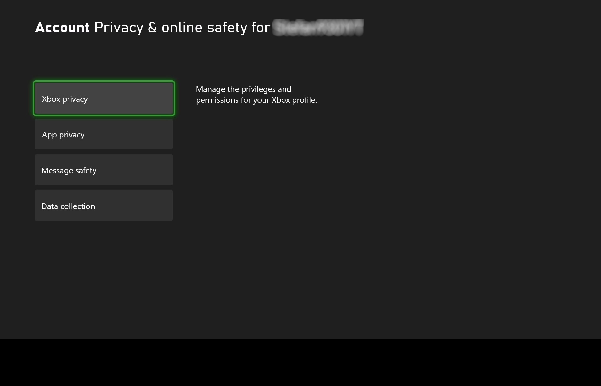 Xbox One “Privacy and online safety” settings page, with the “Xbox privacy” option highlighted.