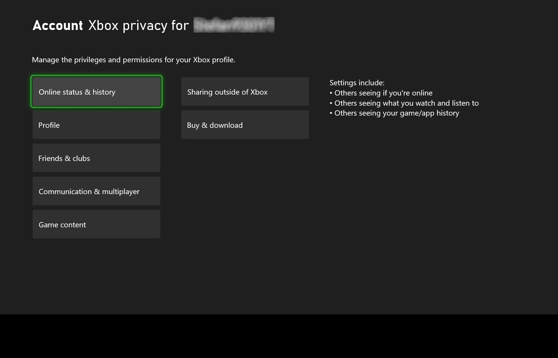 Xbox One “View details & customize” settings page, with the “Online status and history” option highlighted.