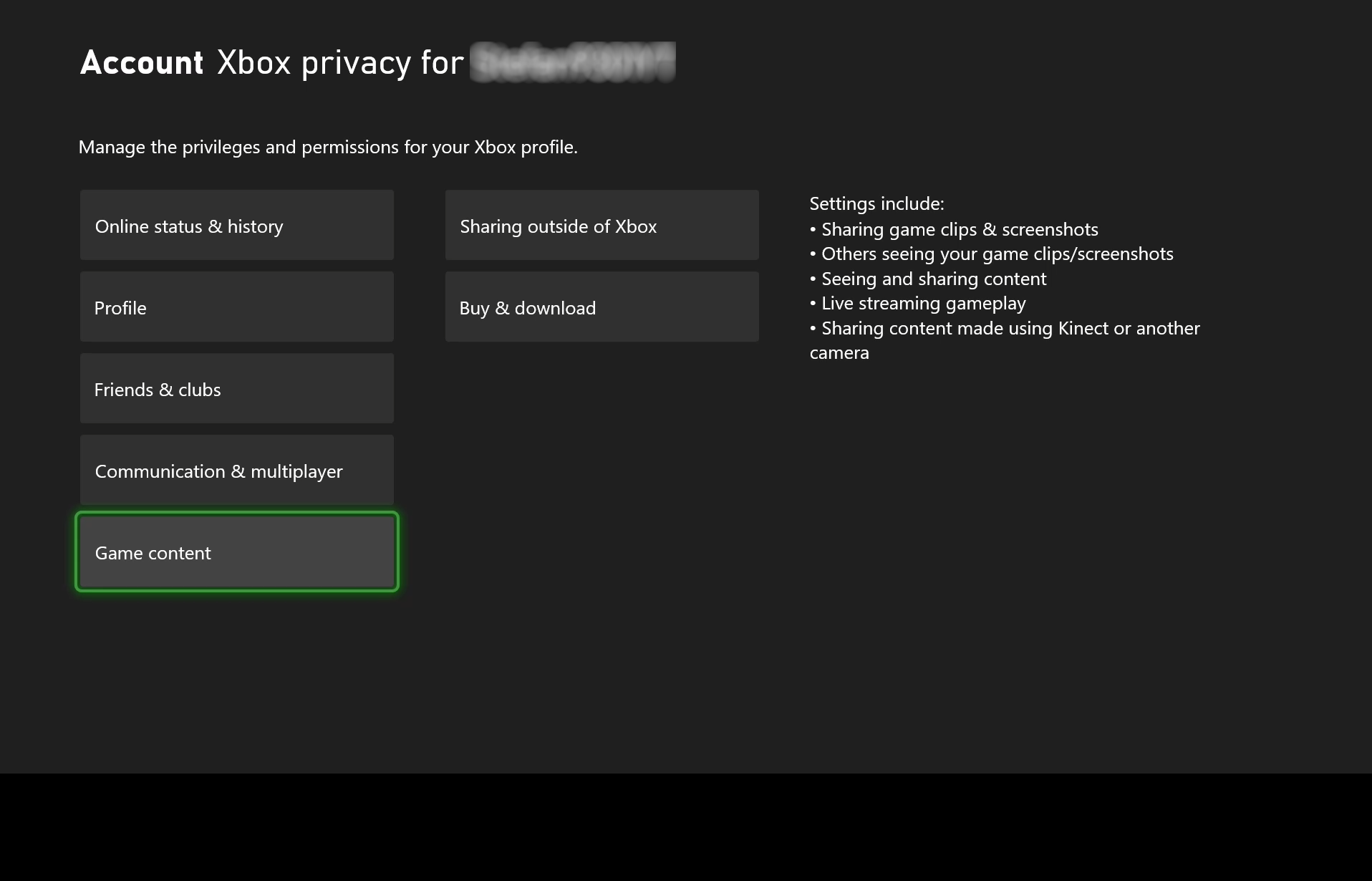 Xbox One “View details & customize” settings page, with the “Game content” option highlighted.