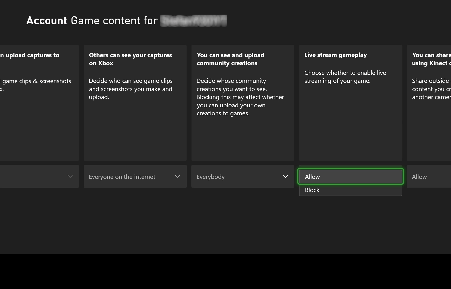 Xbox One “Game content” settings page, with the “Allow” option highlighted under the “Broadcast gameplay” dropdown.