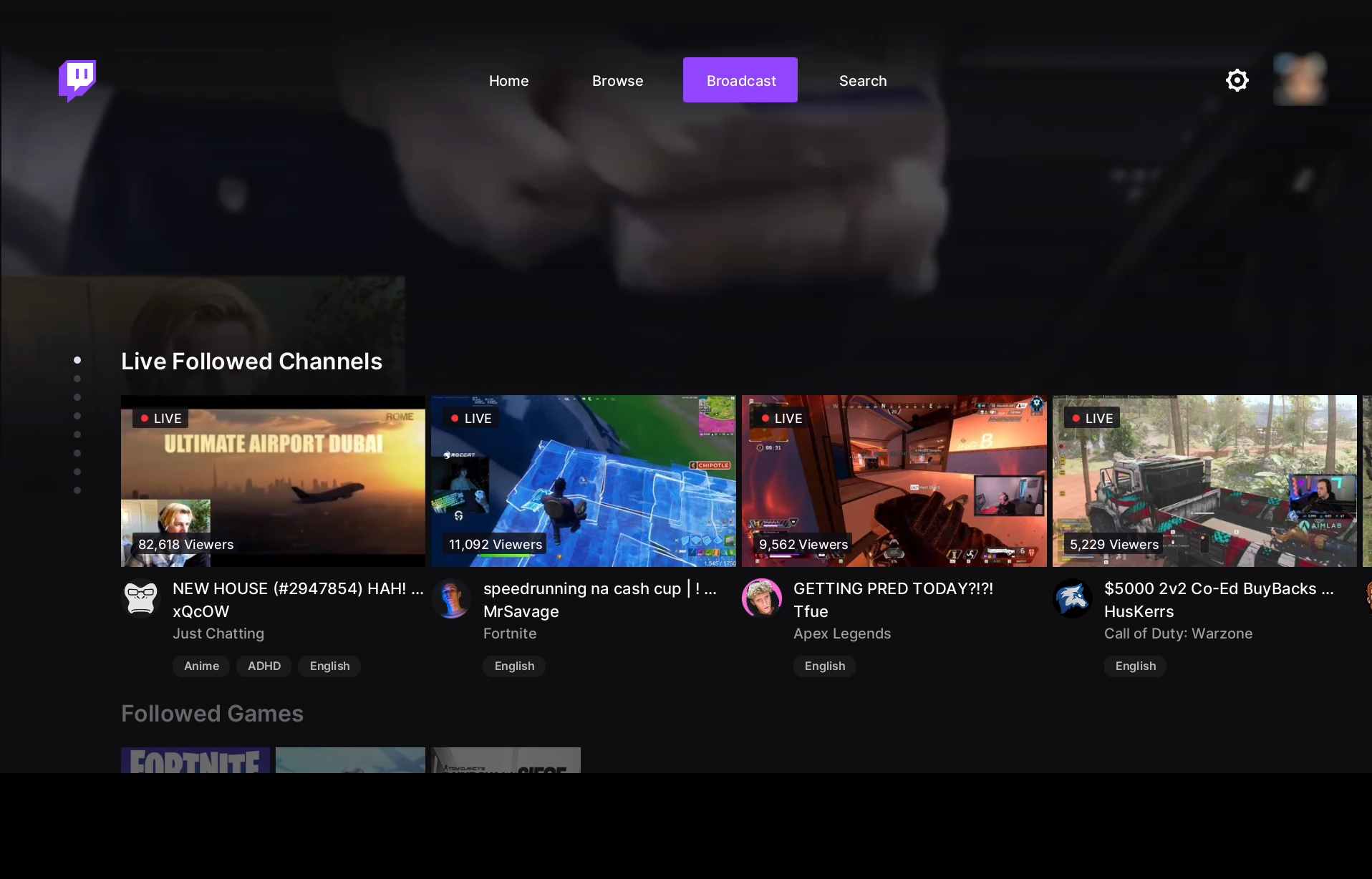 Twitch homepage on Xbox One with “Broadcast” option highlighted.