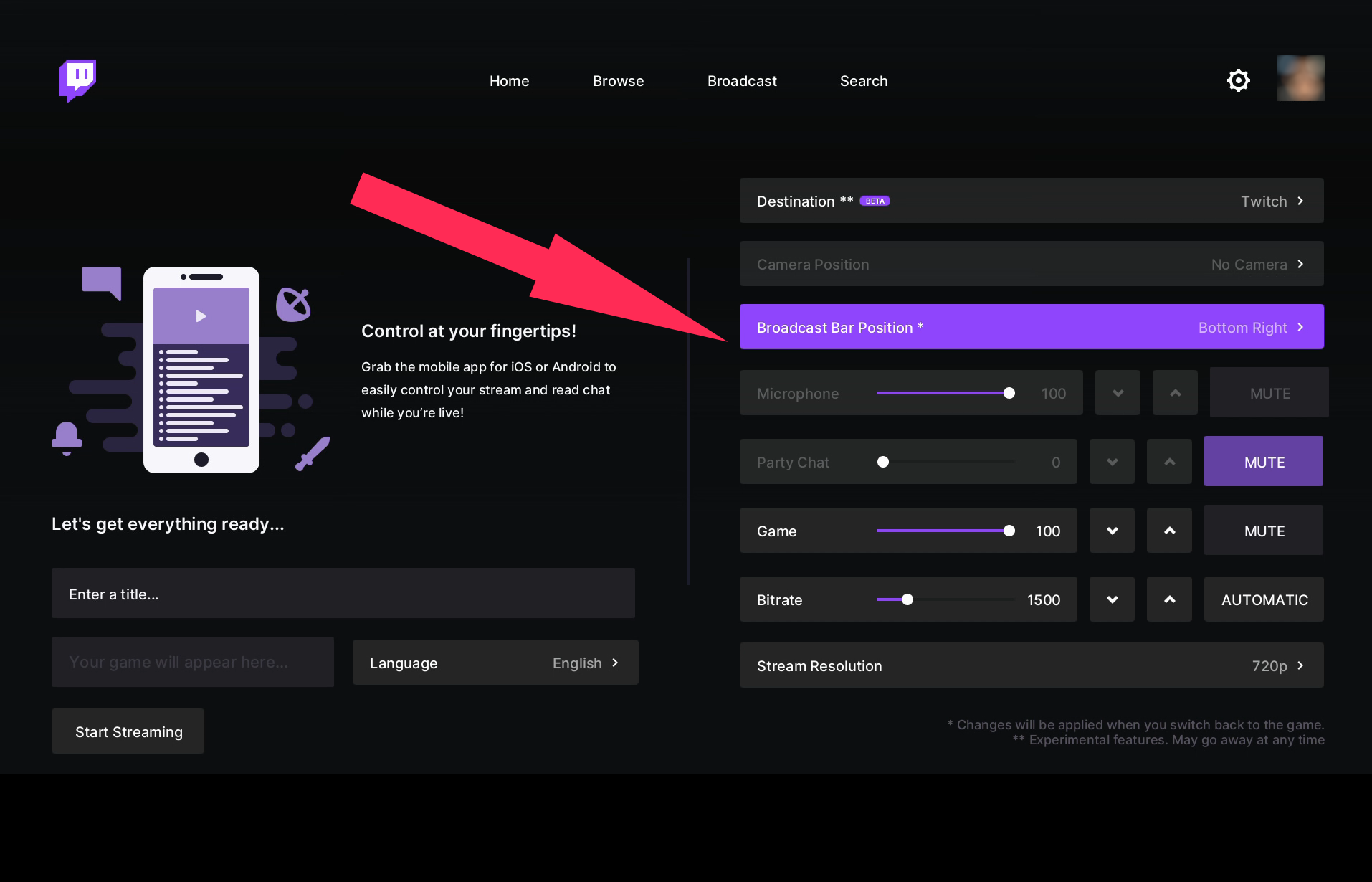 Twitch broadcast settings on Xbox One, with “Camera Position”, “Microphone”, and “Stream Resolution” highlighted.