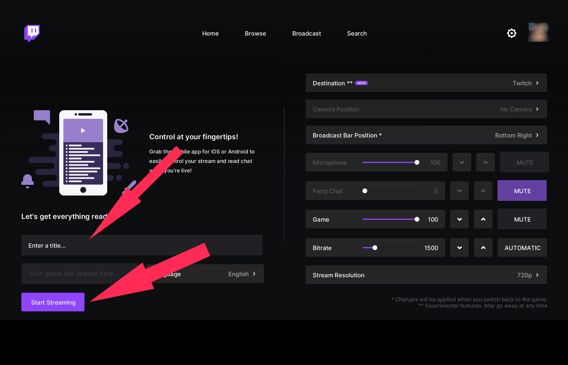 Twitch broadcast settings on Xbox One, with label box and Start Streaming button highlighted.