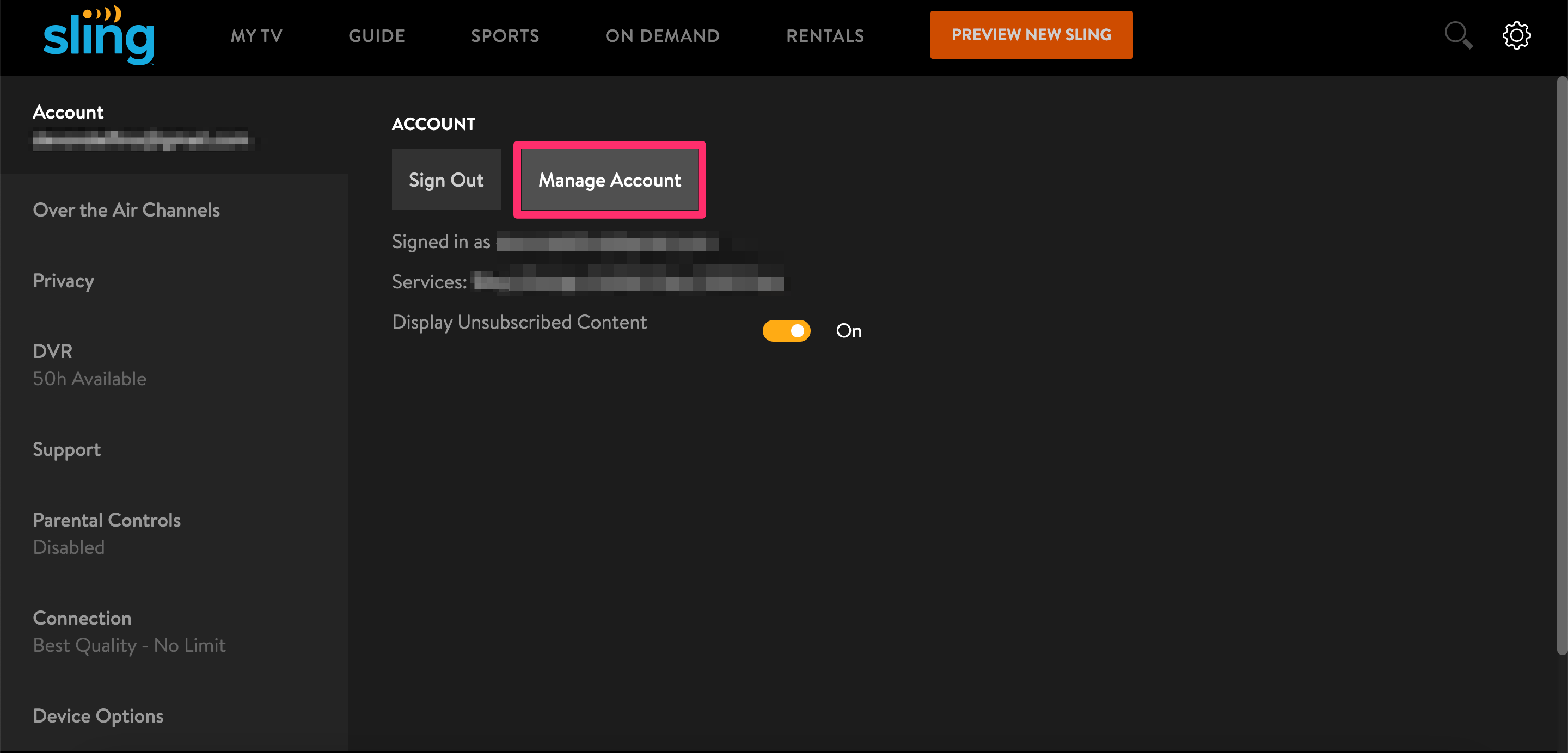 Screenshot highlighting the Manage Account button in the settings section of a Sling TV account.