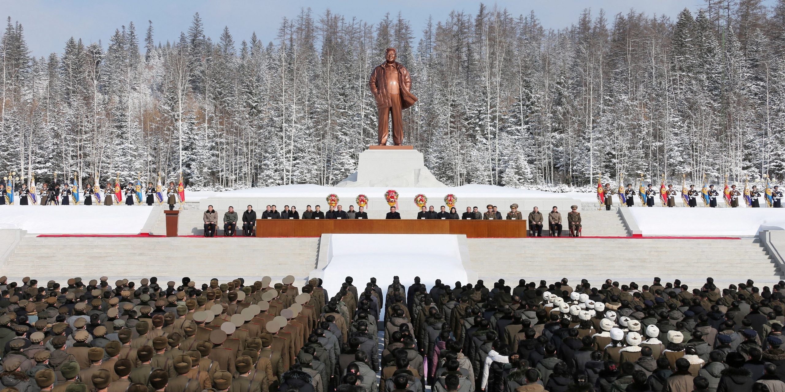 North Korean leader Kim Jong Un attends the celebration of the 80th birthday anniversary of late leader Kim Jong Il in front of his statue in Samjiyon City, North Korea February 15, 2022 in this picture released by North Korea's Korean Central News Agency (KCNA)