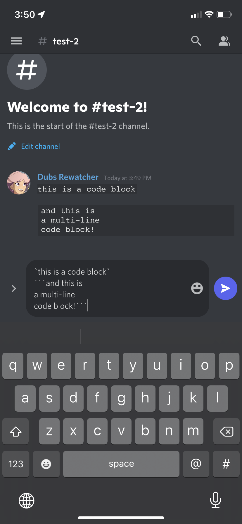 Code blocks in the Discord mobile app.