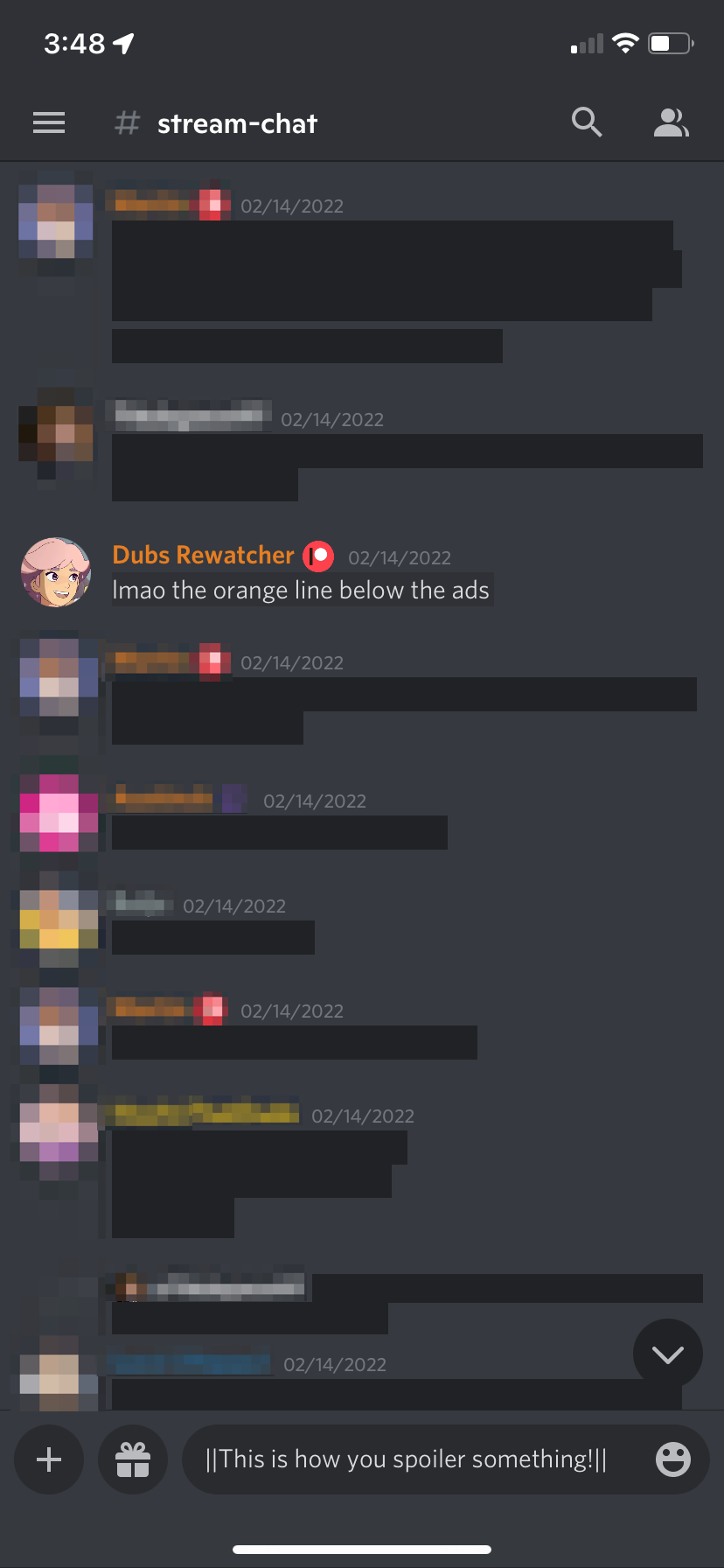 A Discord chat filled with spoilered messages.