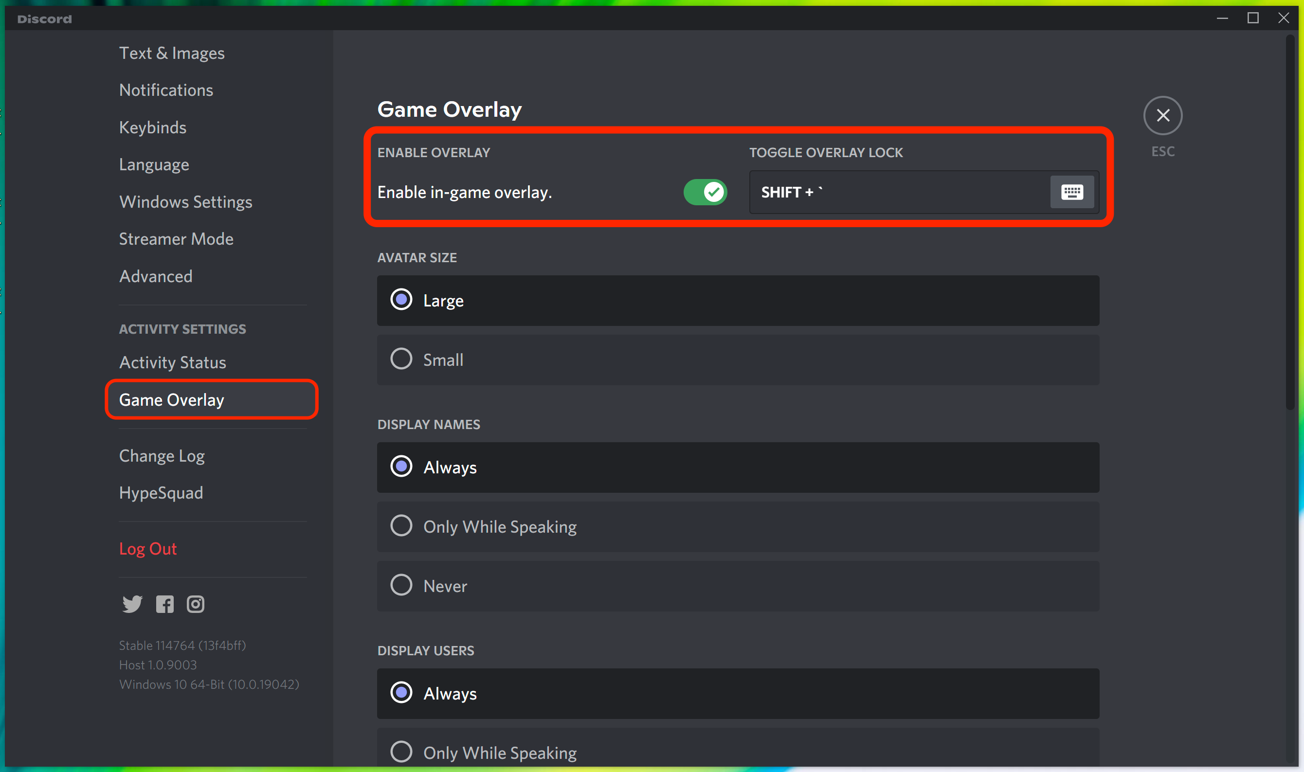 The Game Overlay settings page in the Windows Discord app. The switch to turn the overlay on is highlighted.