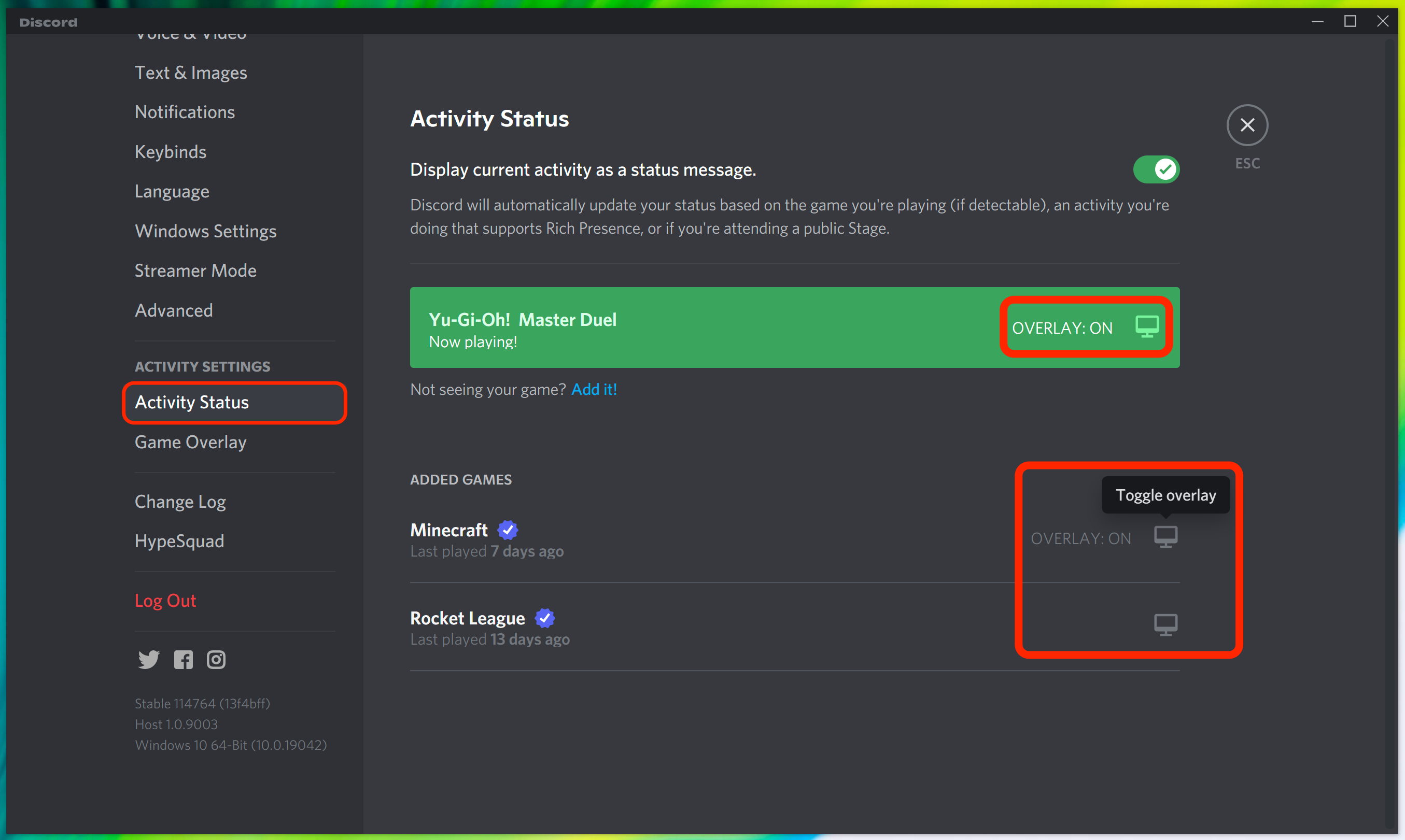 The Activity Status settings page in the Windows Discord app. The options to turn on the Discord overlay in various games are highlighted.