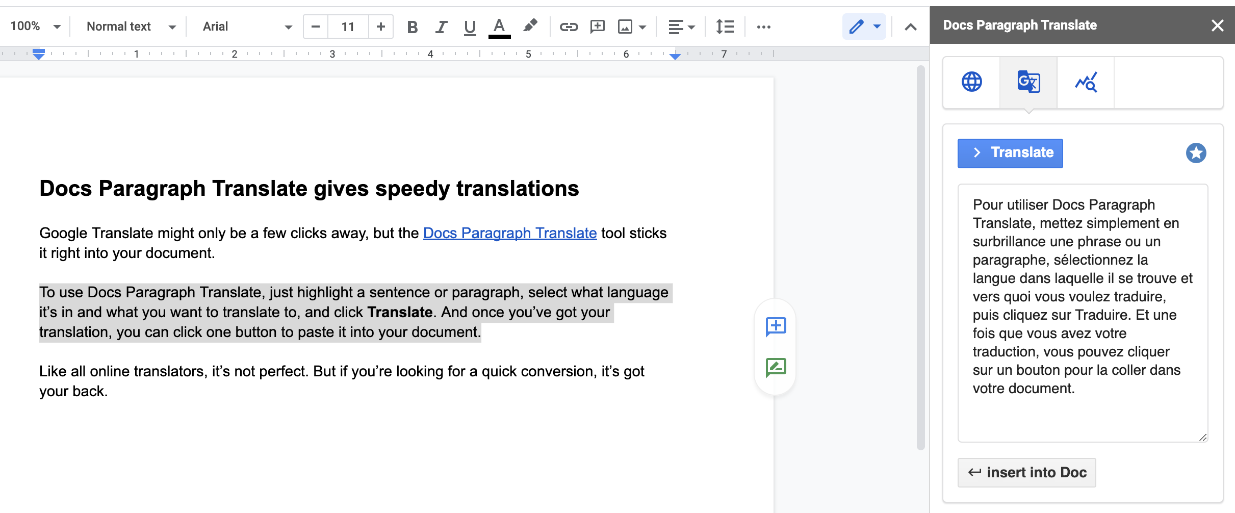 The Docs Paragraph Translate add-on for Google Docs.