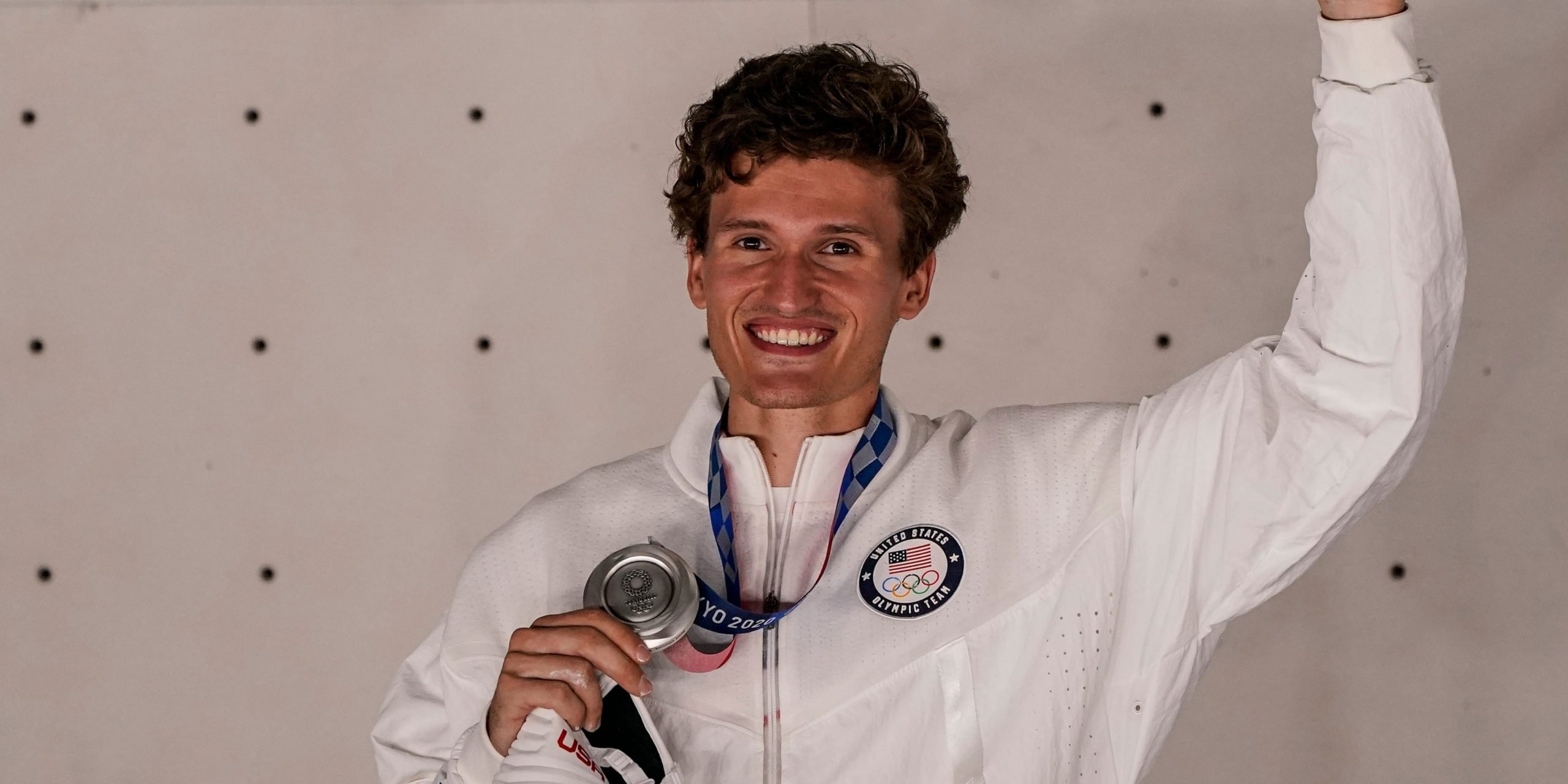 Nathaniel Coleman, of the United States, celebrates after winning the men's sport climbing silver medal at the 2020 Summer Olympics, Thursday, Aug. 5, 2021, in Tokyo, Japan.