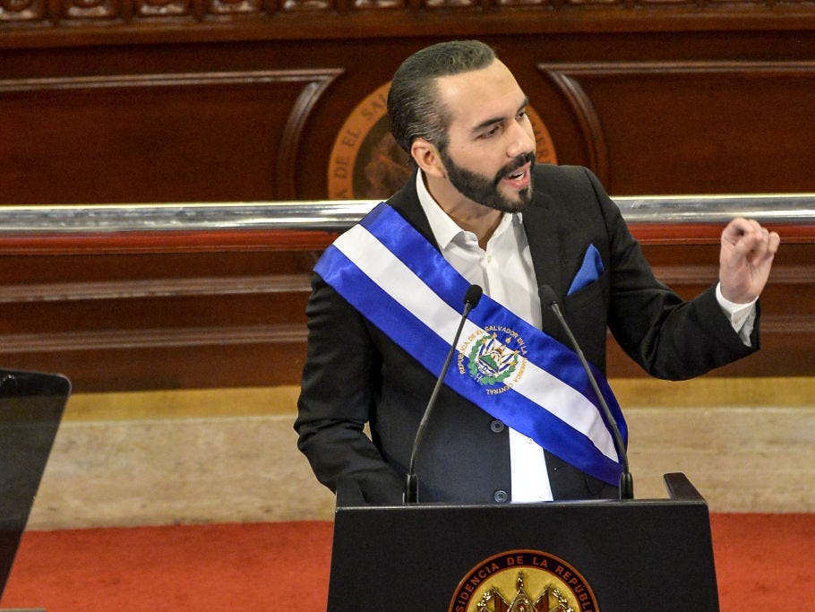 Salvadoran President Nayib Bukele gestures during a speech for his second anniversary in power on June 1, 2021