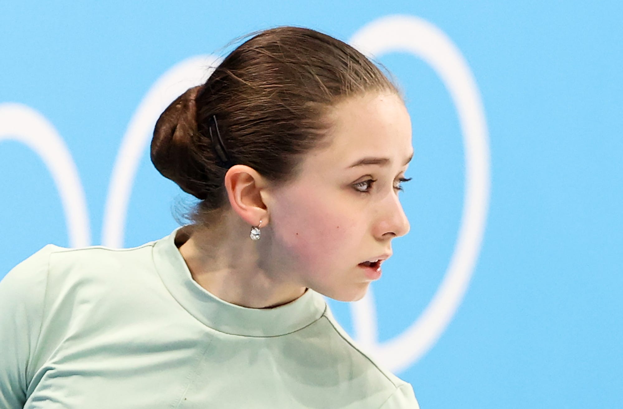 Figure skater Kamila Valiyeva of Team ROC practices during a training session at the 2022 Winter Olympic Games, at the Capital Indoor Stadium