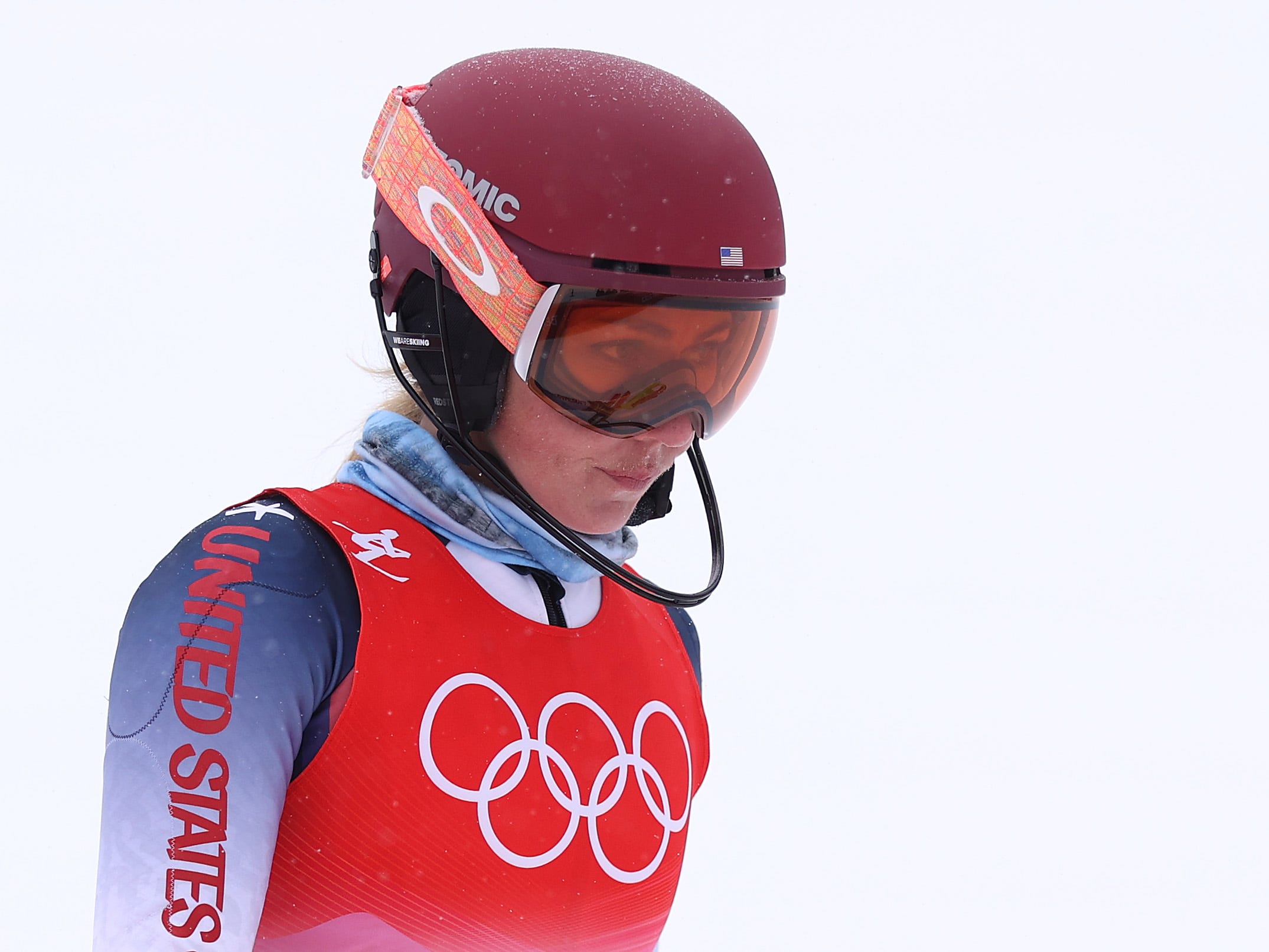 Mikaela Shiffrin of Team United States reacts after she skis off course during the Women's Alpine Combined Slalom on day 13 of the Beijing 2022 Winter Olympic Games at National Alpine Ski Centre on February 17, 2022 in Yanqing, China.