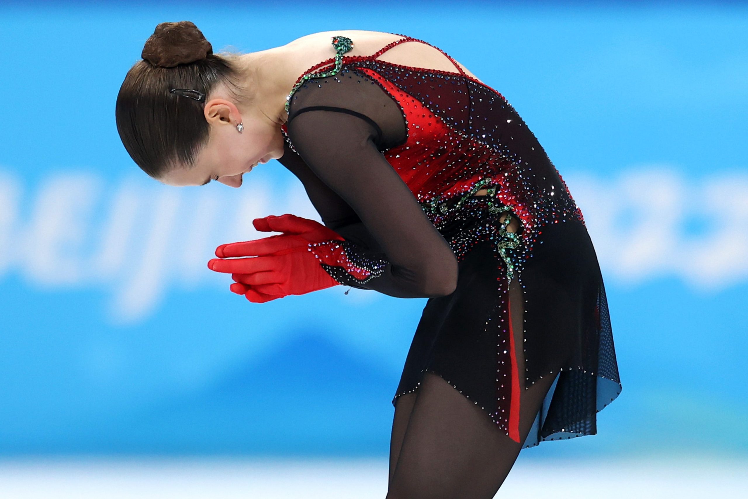 Kamila Valieva cries after falling during her Olympic performance on Thursday.