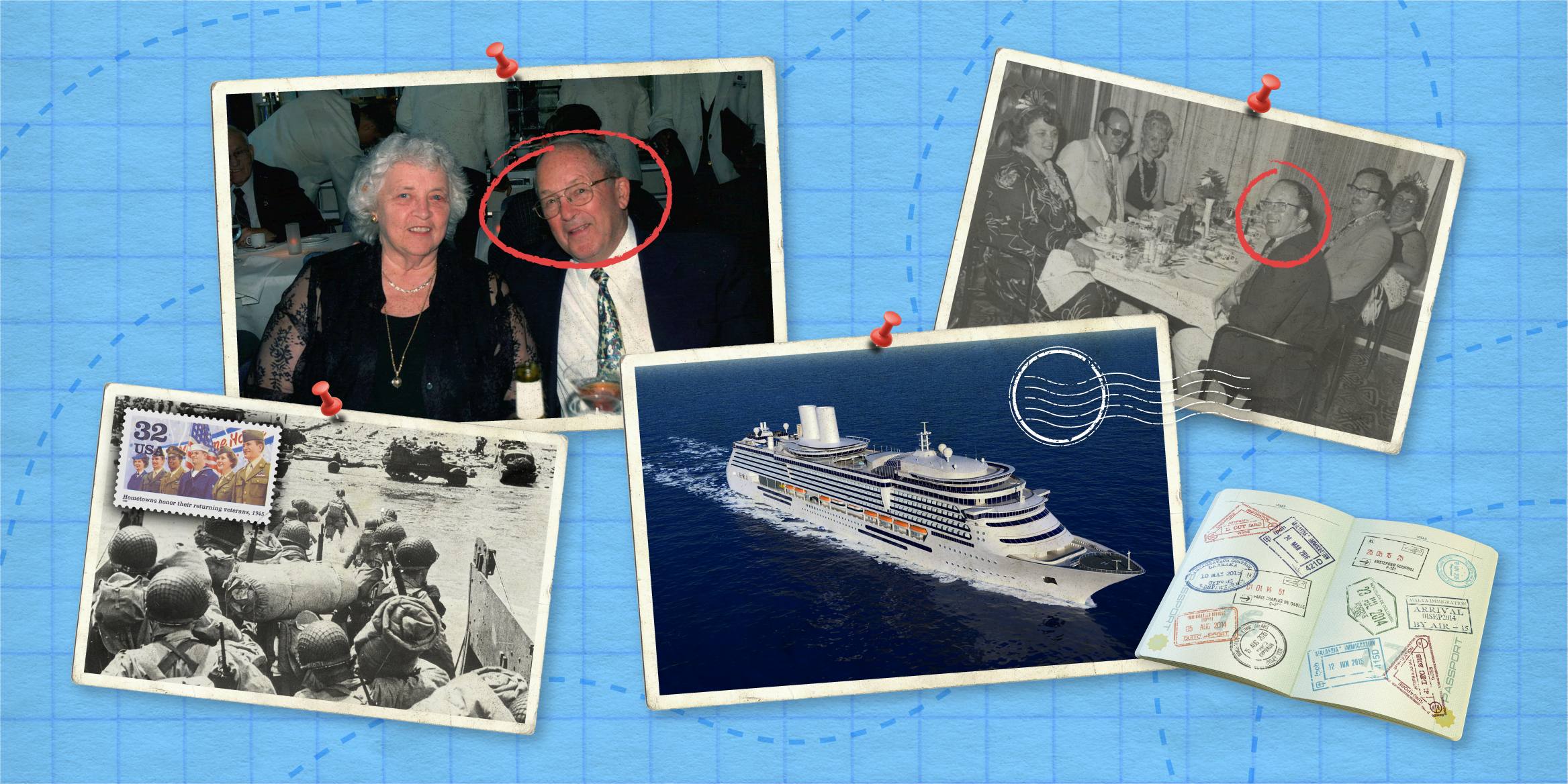 Collage of photos, including images from the author, a cruise ship, and WWII photo 2x1