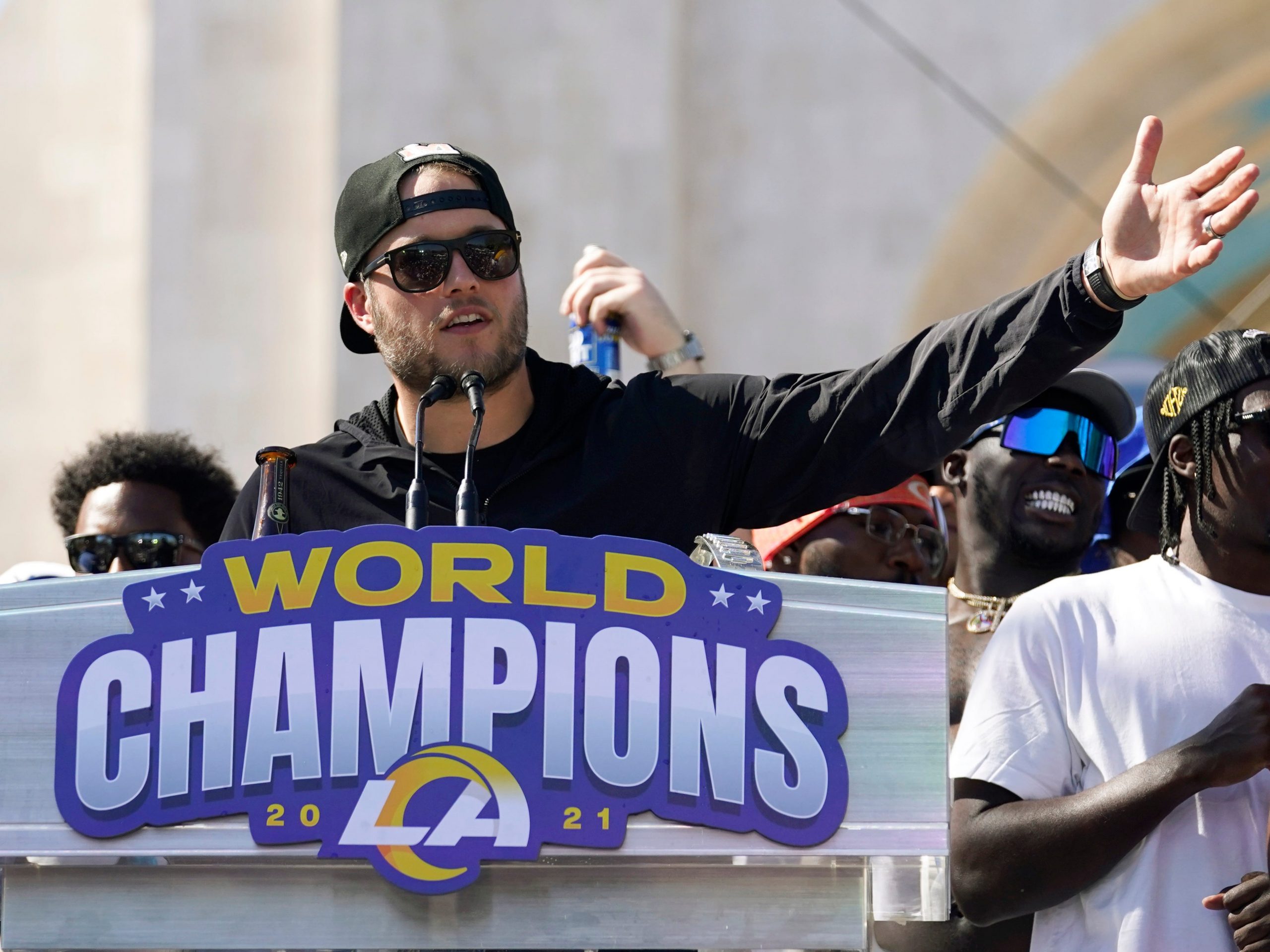 Los Angeles Rams quarterback Matthew Stafford speaks during the team's victory celebration and parade in Los Angeles, Wednesday, Feb. 16, 2022, following the Rams' win Sunday over the Cincinnati Bengals in the NFL Super Bowl 56 football game.