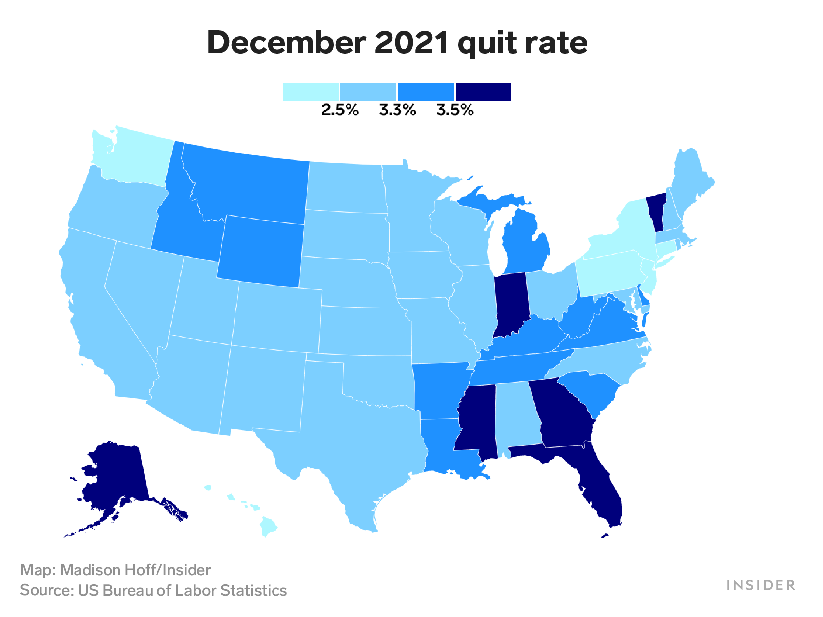 A map of the United States showing what quit rates looked like in December 2021