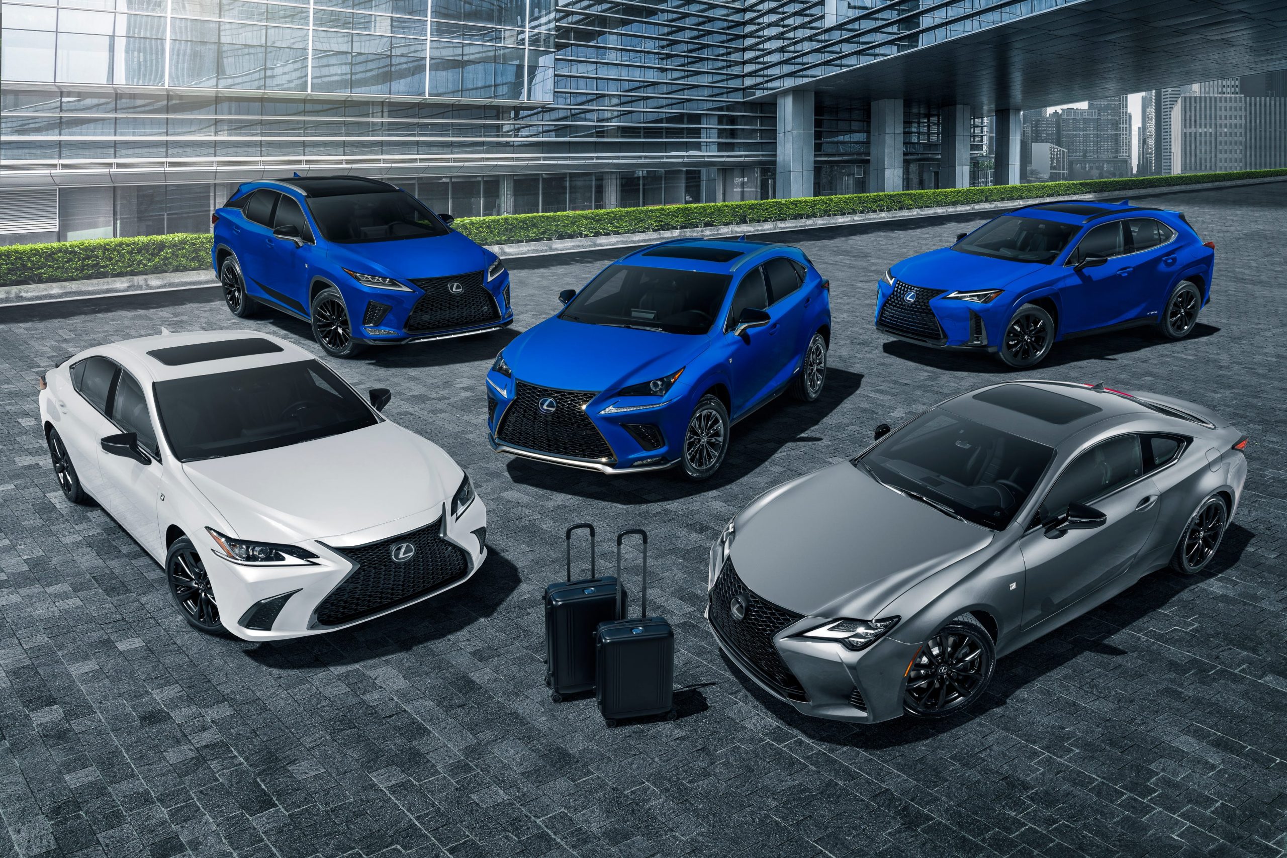 Lexus' family of Black Line cars, including the black two-piece luggage set.