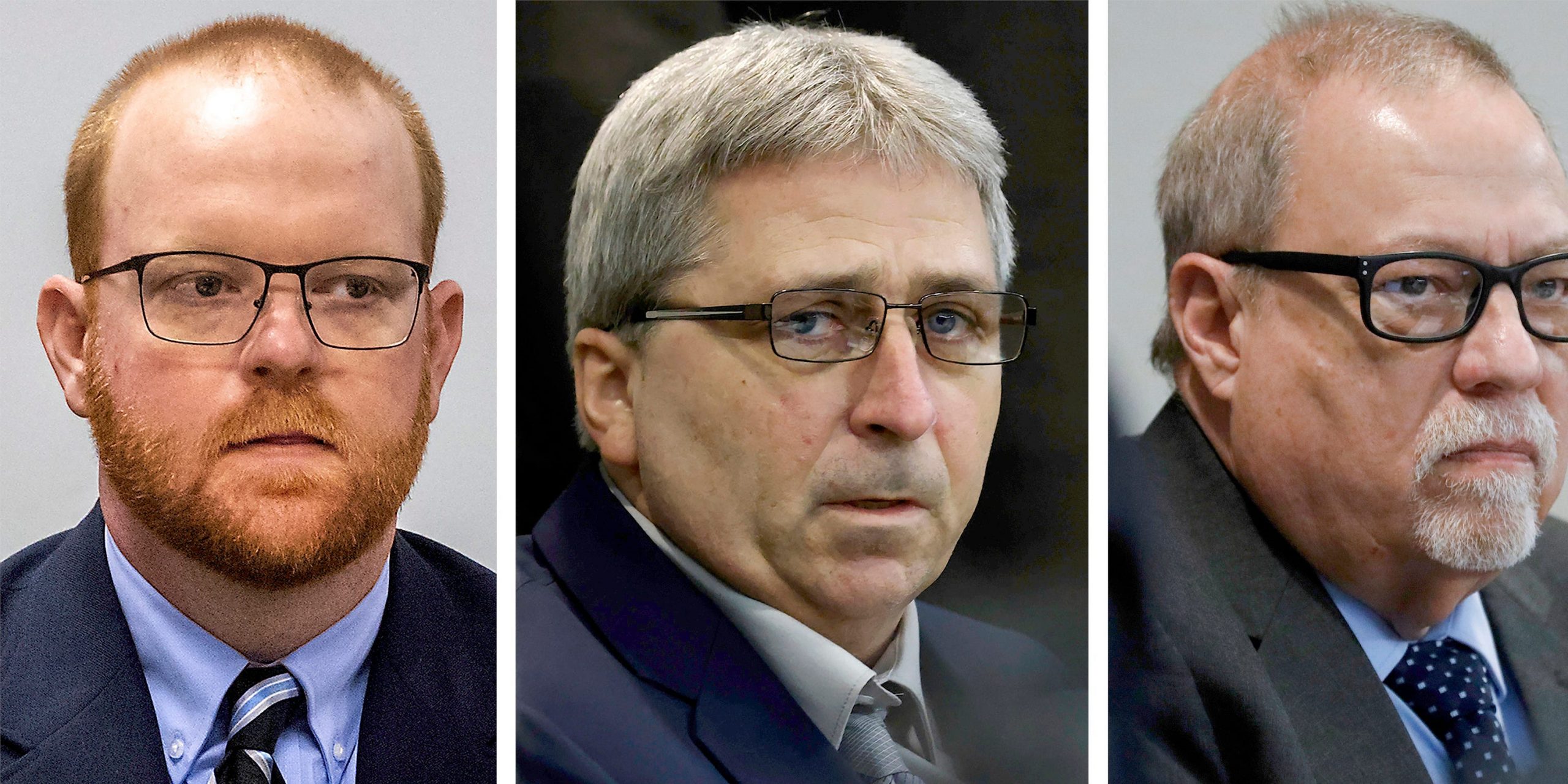 This photo combo shows, from left, Travis McMichael, William "Roddie" Bryan, and Gregory McMichael during their trial at at the Glynn County Courthouse in Brunswick, Ga.