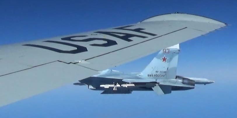A U.S. RC-135U flying in international airspace over the Baltic Sea was intercepted by a Russian SU-27 Flanker June 19, 2017.
